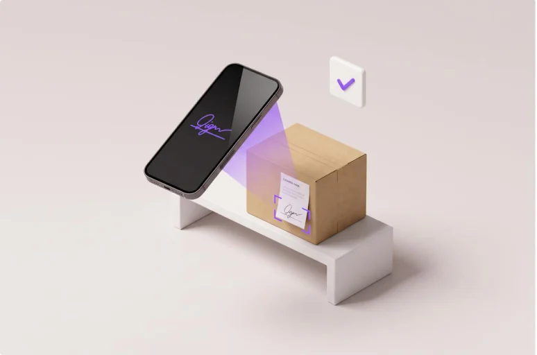 A phone captures a signed delivery slip on a carton, the same signature drawn on its screen and a check mark confirming the proof.