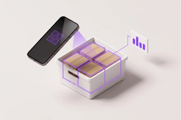 A phone counts four cartons inside a white tote, each one outlined, with a chart tile reading out the result.