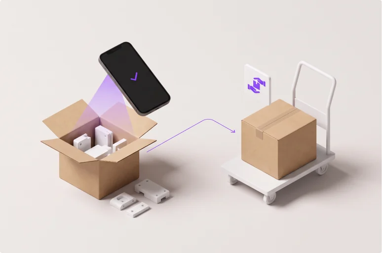 A phone checks components laid out in an open carton, with an arrow to the finished, taped carton on a platform cart.