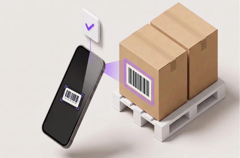 A phone held up to a pallet of cartons reads the barcode on the end carton; the barcode is mirrored inside a scanning reticle on the phone screen and a check mark floats above.