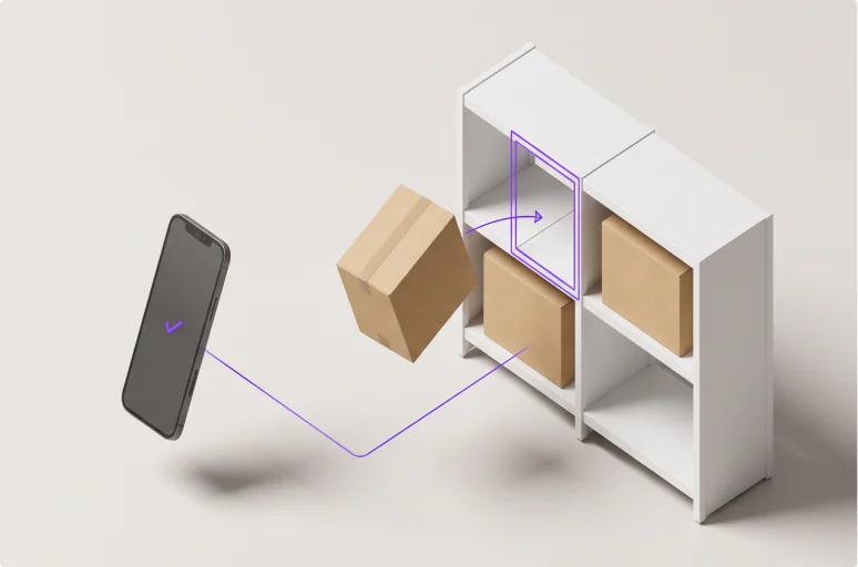 A carton travels from a phone to an empty bay on a white shelving unit, the destination bay outlined and the route drawn as a line.