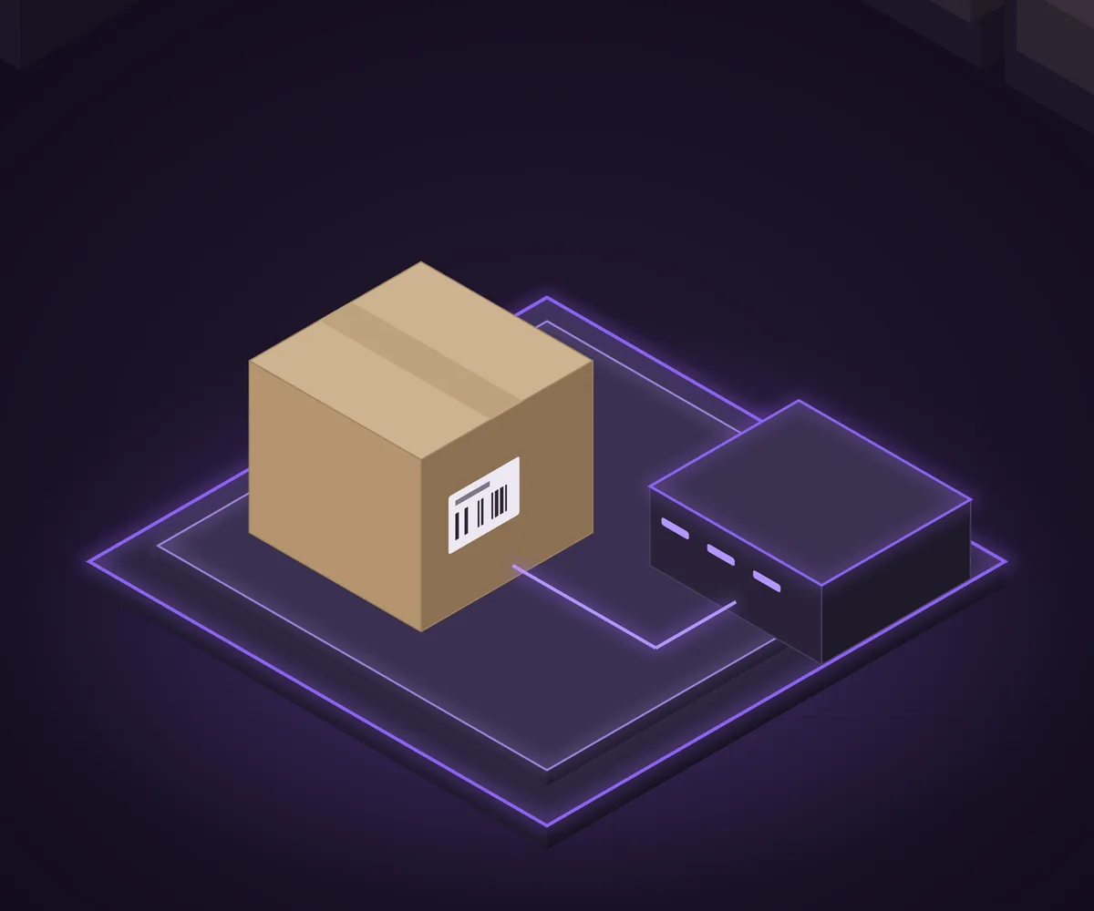 A carton connected by a glowing line to a server
