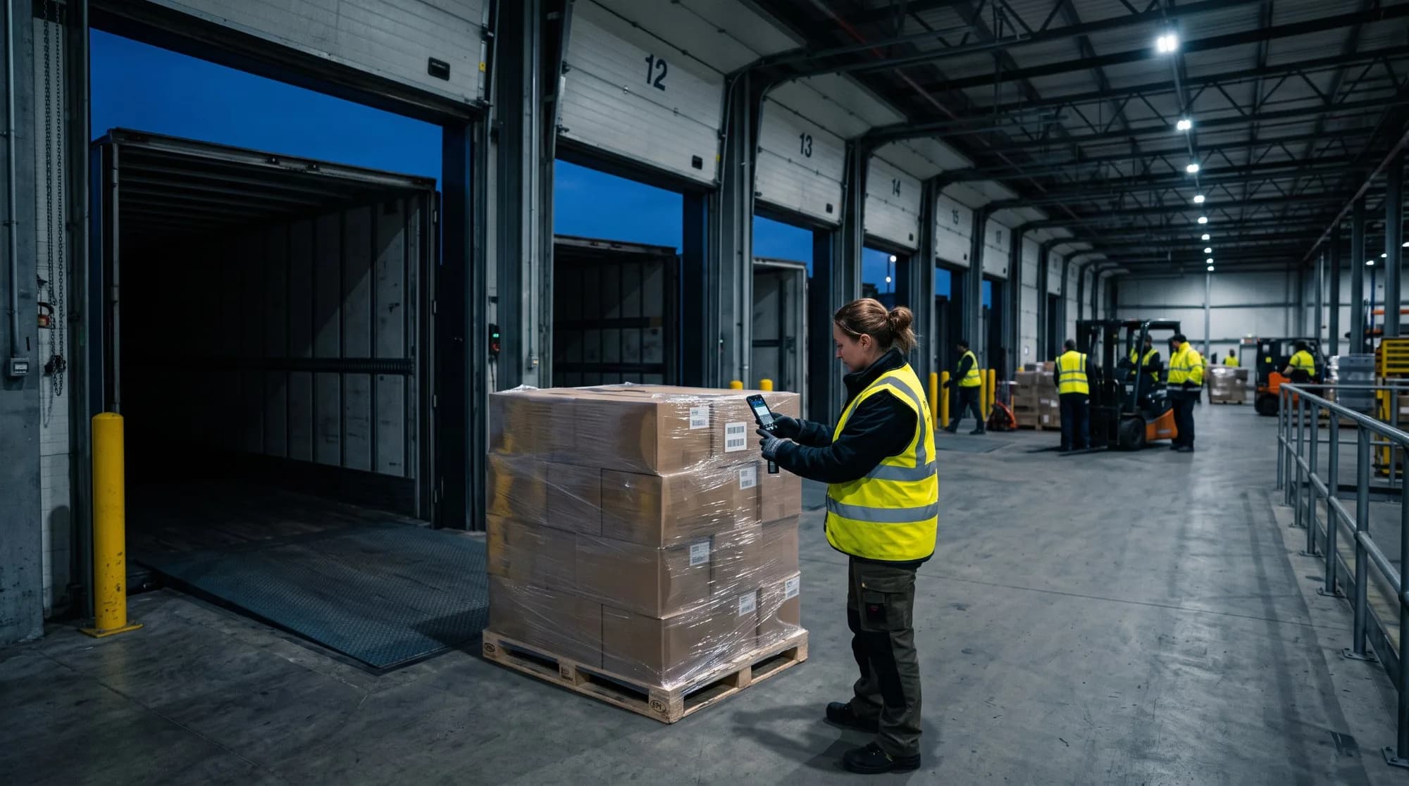 Operator in a yellow safety vest scanning a pallet with a smartphone at an outbound dock.
