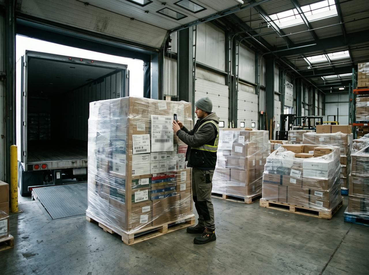 Warehouse worker scanning a mixed-SKU pallet at an open trailer on the dock.
