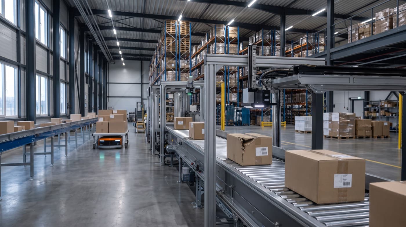 Cartons moving along a roller conveyor past racking on a receiving dock.