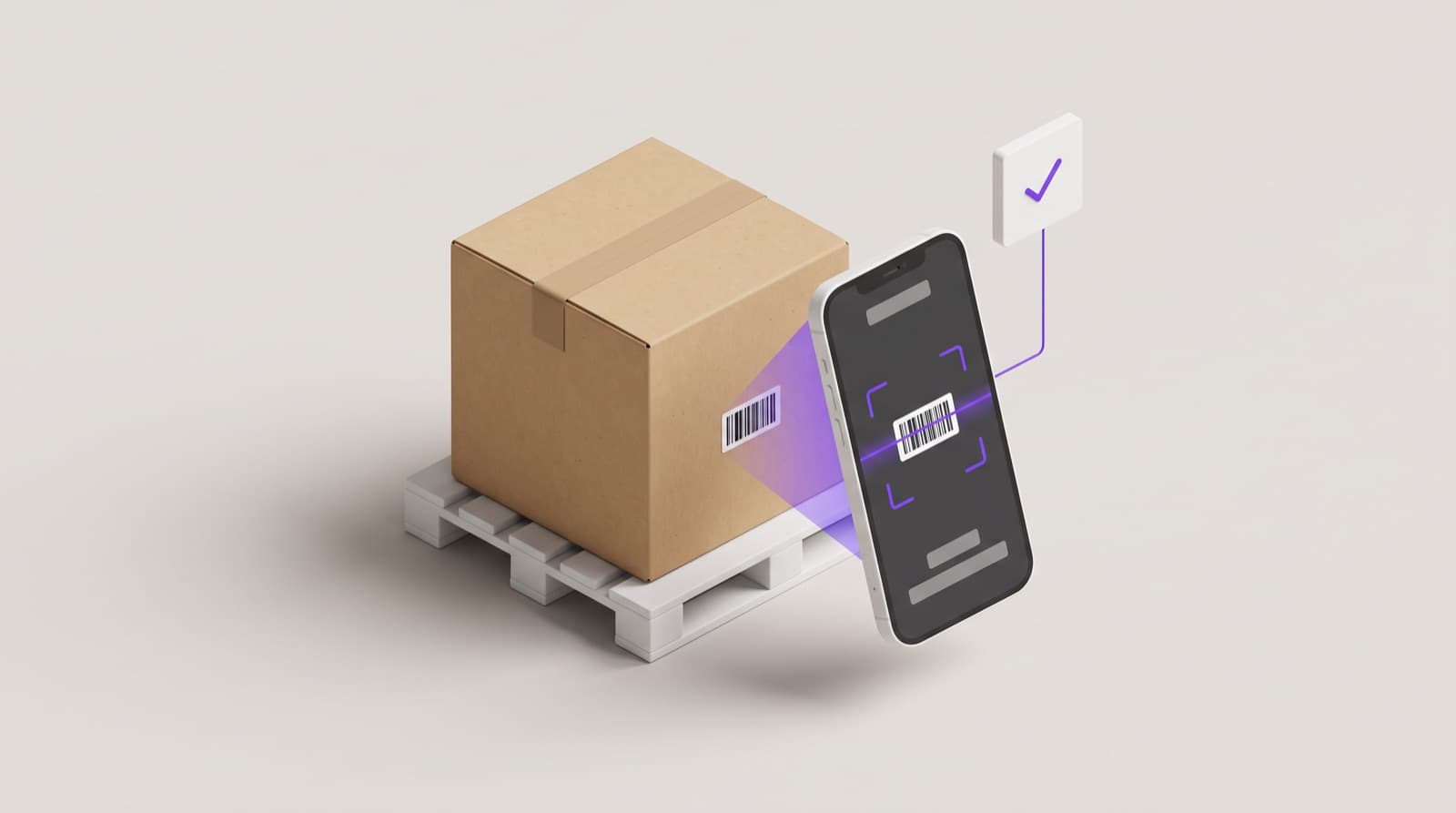 A pallet of cartons beside a phone scanning a barcode, with a verification check mark above it.